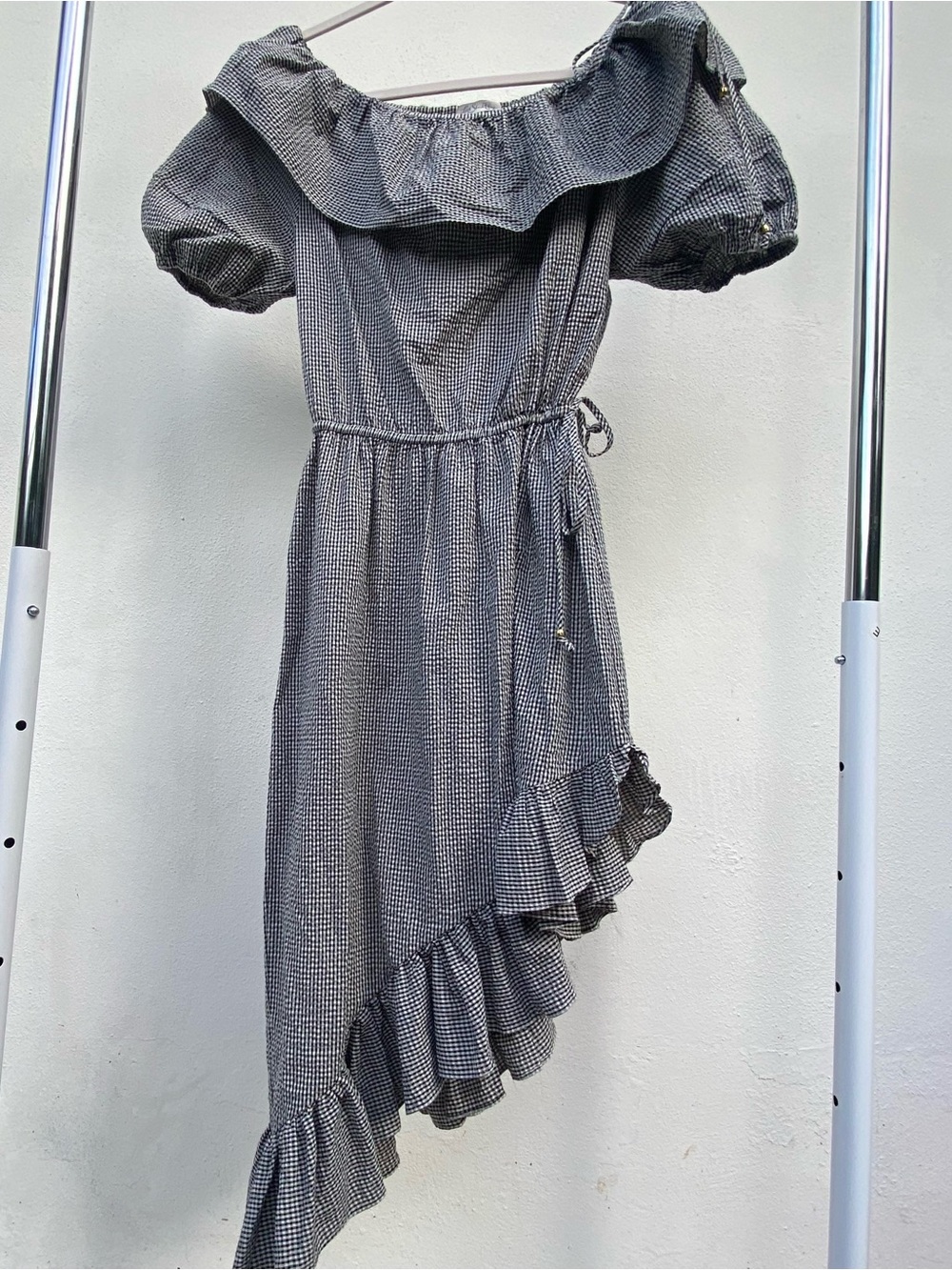 Love Shack Fancy Black & White Gingham Check Asymmetrical Dress Size XS
